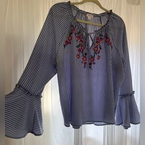 Xhilaration Blue Striped Blouse with Red Floral Embroidery